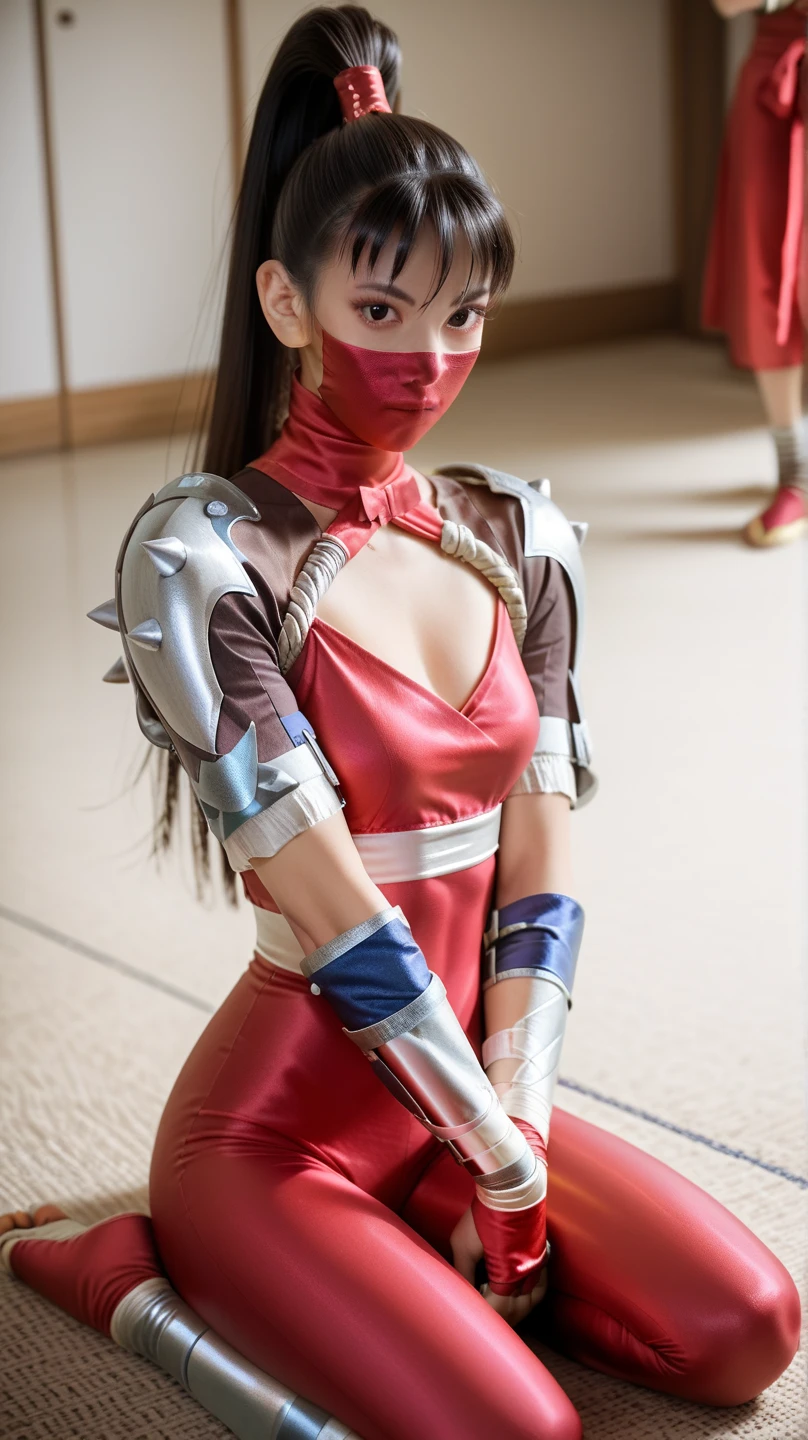 1girl, taki, long hair, ponytail, black hair, black eyes, make up, red bodysuit, fingerless gloves, arm guards, shoulder armor, red ninja mask, red mouth mask, ninja tabi, sitting on the floor, look at the viewer