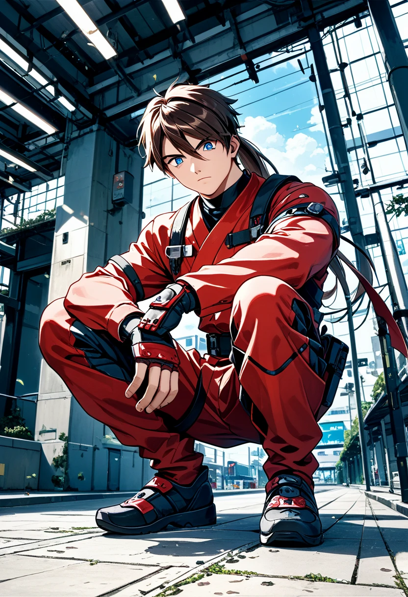 (score_9:0.7), score_7_up, source_anime,
1boy, male, tall, handsome, 
brown hair, high ponytail, bangs,
blue eyes, half-closed eyes, serious, 
squatting,  ninjya costume, black,

low-angle view, from below, looking down, full body, facing viewer, hip focus, facing up,
masterpiece, best quality, very aesthetic, absurdres, ultra detailed, 
detailed face, detailed eyes,