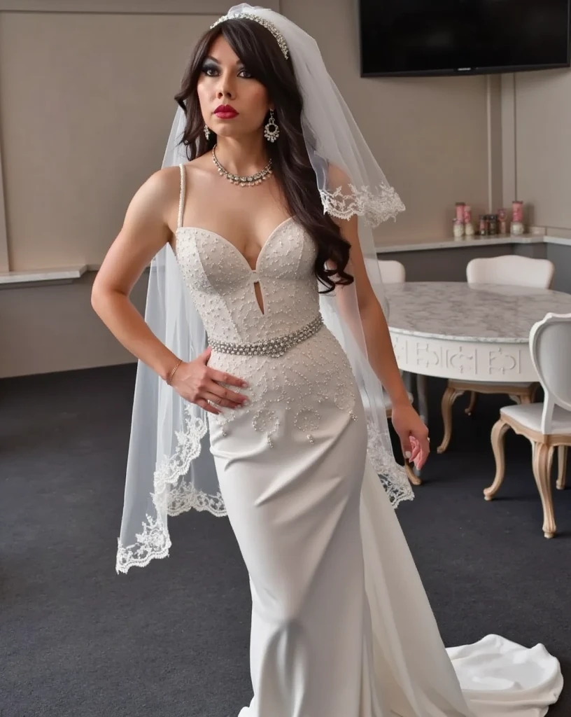 (((        Full body photograph         ,          soft lighting        ,                   sharp focus ,          detailed face of Jacqueline     ))),     of Jacqueline's extremely detailed face, cheerful and flirty face   , ((((   Beautiful woman in wedding dress    ))),   )), brown eyes,          seductive,            ((      smooth and shiny black hair         , make-up,          red lips)), (( Under the skirt)).
