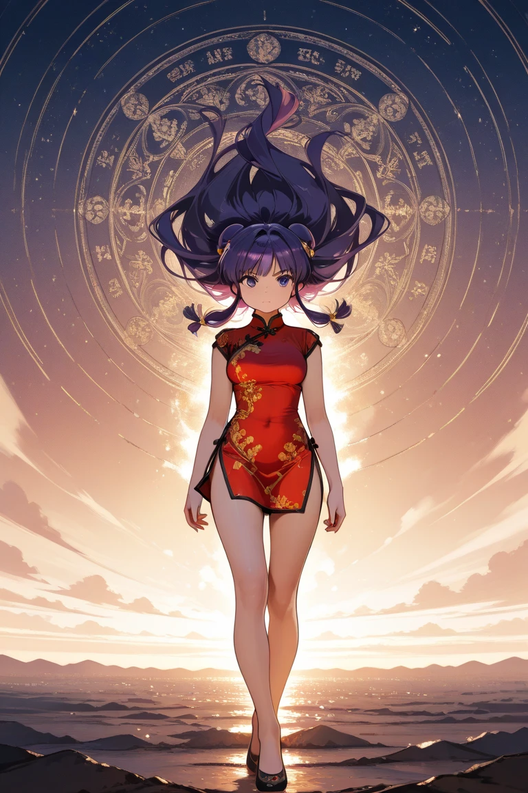 A highly detailed and high resolution image of "Shampoo" [from Ranma 1/2]; Chinese girl with long purple hair and twin buns; cute, hair ornament; a ((red)) Chinese red qipao (red cheongsam) (紅長衫) dress, purple eyes; bare arms; Bare legs; she is serving food inside of a busy Chinese restaurant in the background; break: quality\(8k,wallpaper of extremely detailed CG unit, high resolution, top-quality, top-quality real texture skin, hyper realistic, increase the resolution, RAW photos, best quality, highly detailed, the wallpaper, golden ratio, high saturation realism, vibrant colors, dramatic lighting, persuasive storytelling, atmospheric scenery, captivating visuals, intricate details, strong emotions, dreamlike world\),(dynamic angle:1.4)