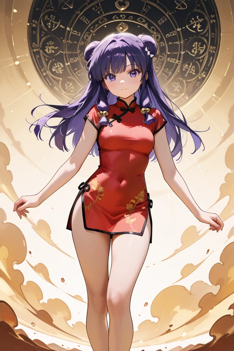 A highly detailed and high resolution image of "Shampoo" [from Ranma 1/2]; Chinese girl with long purple hair and twin buns; cute, hair ornament; a ((red)) Chinese red qipao (red cheongsam) (紅長衫) dress, purple eyes; bare arms; Bare legs; she is serving food inside of a busy Chinese restaurant in the background; break: quality\(8k,wallpaper of extremely detailed CG unit, high resolution, top-quality, top-quality real texture skin, hyper realistic, increase the resolution, RAW photos, best quality, highly detailed, the wallpaper, golden ratio, high saturation realism, vibrant colors, dramatic lighting, persuasive storytelling, atmospheric scenery, captivating visuals, intricate details, strong emotions, dreamlike world\),(dynamic angle:1.4)