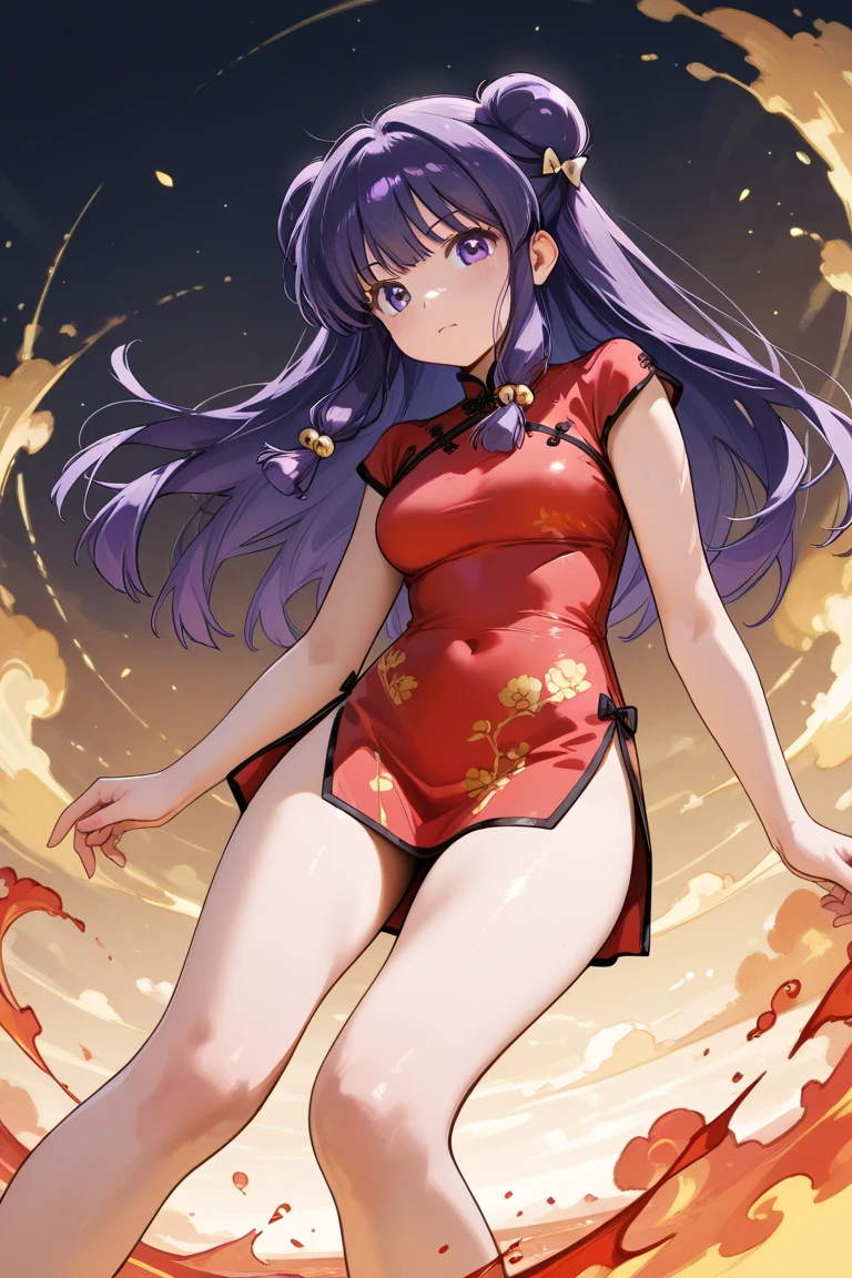 A highly detailed and high resolution image of "Shampoo" [from Ranma 1/2]; Chinese girl with long purple hair and twin buns; cute, hair ornament; a ((red)) Chinese red qipao (red cheongsam) (紅長衫) dress, purple eyes; bare arms; Bare legs; she is serving food inside of a busy Chinese restaurant in the background; break: quality\(8k,wallpaper of extremely detailed CG unit, high resolution, top-quality, top-quality real texture skin, hyper realistic, increase the resolution, RAW photos, best quality, highly detailed, the wallpaper, golden ratio, high saturation realism, vibrant colors, dramatic lighting, persuasive storytelling, atmospheric scenery, captivating visuals, intricate details, strong emotions, dreamlike world\),(dynamic angle:1.4)