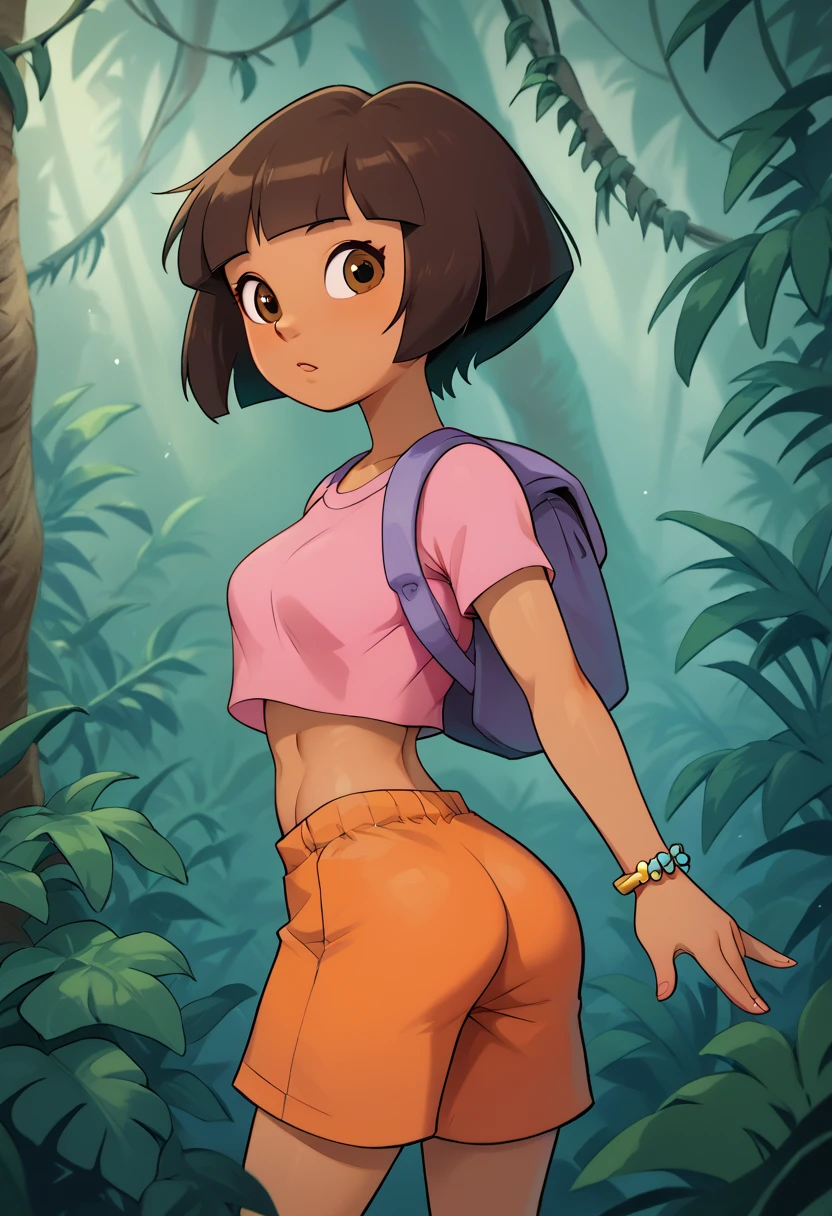  solo, From behind, cute, medium breasts, Dora,  brown eyes, in a jungle outdoors, dark-skinned female, bob cut, (pink shirt), crop top, bare midriff, loose shirt, (orange shorts), bracelet, backpack, (slender athletic body), dynamic pose