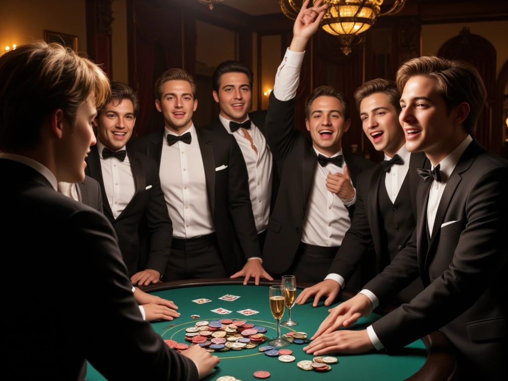 Handsome men stand around and win at Texas Hold'em，Very excited ，Very happy