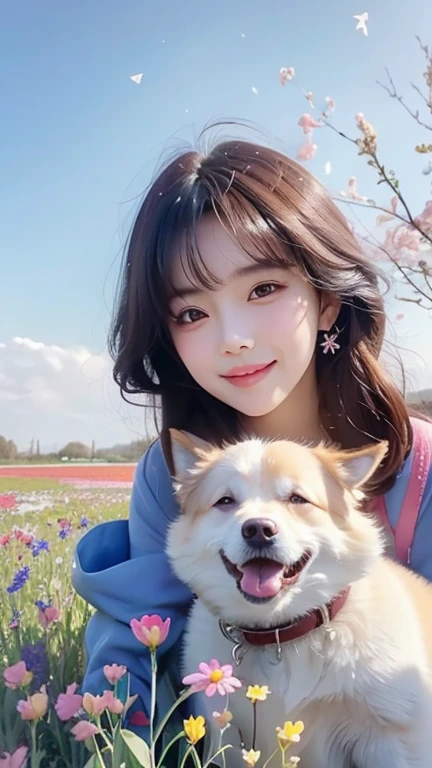 (Anime:1.2) A cute and surreal  girl with her mouth closed gazing happily into the camera, a cute woman playing with a dog, in the background a vast field with vibrant flowers blooming, a blue sky with light particles and iridescent snowflakes floating in the air.