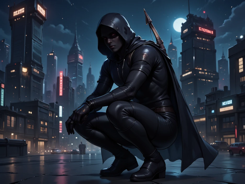 A black leather full-body image 、and a hood, Close-up of a hooded person in invisible armor . wears leather armor, Tights.epic ninja suit, Rogue.Leather fit to cover the whole body. smooth leather .Boy Teenage Assassin , stealth suit , Cyberpunk assassin , Squat down on the roof of a skyscraper.Handheld composite mechanical giant bow . black night . Dark atmosphere .Low light.Weak lights cast dramatic shadows. Weird cyberpunk atmosphere . cyberpunk city.Futuristic tech style
