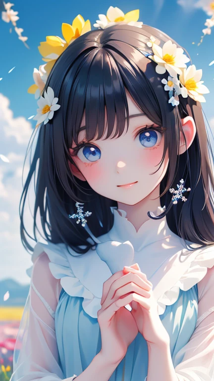 Score 9, Score 8 Up, Score 7 Up, (Best Quality), ((Masterpiece)), Anime, "
Best quality, (Anime:1.2) A cute and surreal  girl with her mouth closed gazing happily into the camera, a cute woman playing with a dog, in the background a vast field with vibrant flowers blooming, a blue sky with light particles and iridescent snowflakes floating in the air.