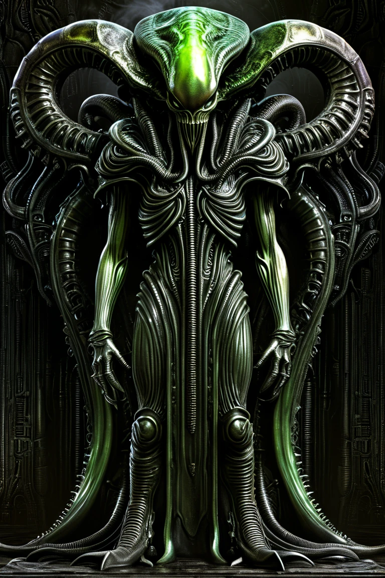 Demon、 full body image 、H.r.Giger 、 Cthulhu monster、 steampunk、 evil villain 、 horrible 、Disgusting appearance 、skull face、 unknown life form 、 full body image 、 dark back ground 、digital image 。