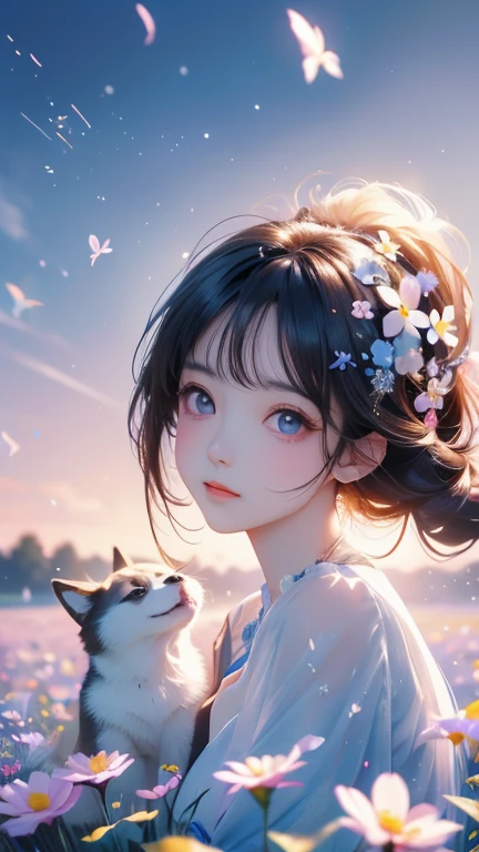 Score 9, Score 8 Up, Score 7 Up, (Best Quality), ((Masterpiece)), Anime, 
(Anime:1.2) A cute and surreal  girl with her mouth closed gazing happily into the camera, a cute woman playing with a dog, in the background a vast field with vibrant flowers blooming, a blue sky with light particles and iridescent snowflakes floating in the air.