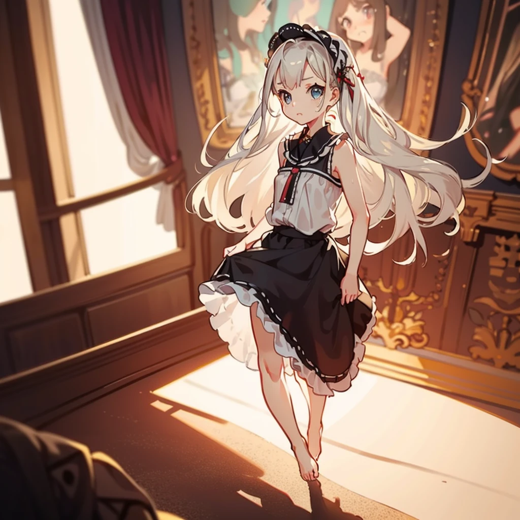 very cute female child:1.1,10 yo,Gothic Lolita:1.8,dutch angle shot,ground-level shot,low angle,full body shot,medium shot,Barefoot,livingroom:1.5,Summer,day, Long hair,flat chest,Wind,Drooping sweat:1.1,(4K), (Raw photo: 1.2), (Realism: 1.4), (masutepiece: 1.3), (exquisite detailing: 1.2), Delicate and beautiful details, (Eye Detail), (Facial Detailed), (Highest Quality) :1.4), (Hyper-Resolution: 1.2),(very detailed illustration), Best Quality,depth of fields, Wide light, natural shadows