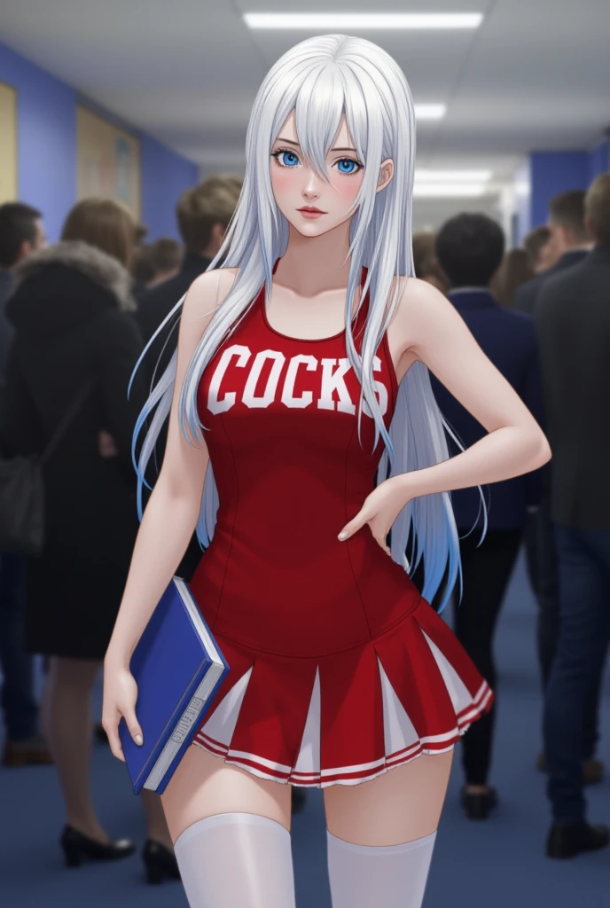 age 18, slim, e-girl, goth girl,( Masterpiece, 4k resolution, ultra-realistic, very detailed) long white hair with blue highlights, blue eyes, football field background, small breasts, sexy red college cheerleader outfit, shirt says "COCKS", walking through a crowded school hallway, holding her books, white stockings