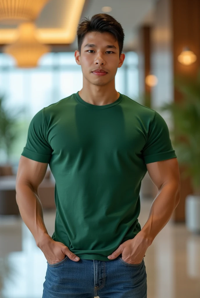 ((realistic daylight)) , Young Korean man in a green t-shirt Denim shirt, jeans, A handsome, muscular young Asian man looks at the camera. In a simple t-shirt pink and red , Along the canal ,turn sideways