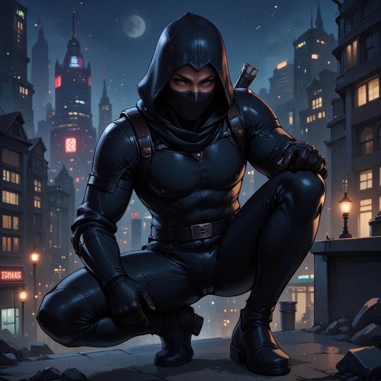 A black leather full-body image 、and a hood, Close-up of a hooded person in invisible armor . wears leather armor, Tights.epic ninja suit, Rogue.Leather fit to cover the whole body. smooth leather .Boy age Assassin , stealth suit , Cyberpunk assassin , Squat down on the roof of a skyscraper.Handheld composite mechanical giant bow . black night . Dark atmosphere .Low light.Weak lights cast dramatic shadows. Weird cyberpunk atmosphere . cyberpunk city.Futuristic tech style
