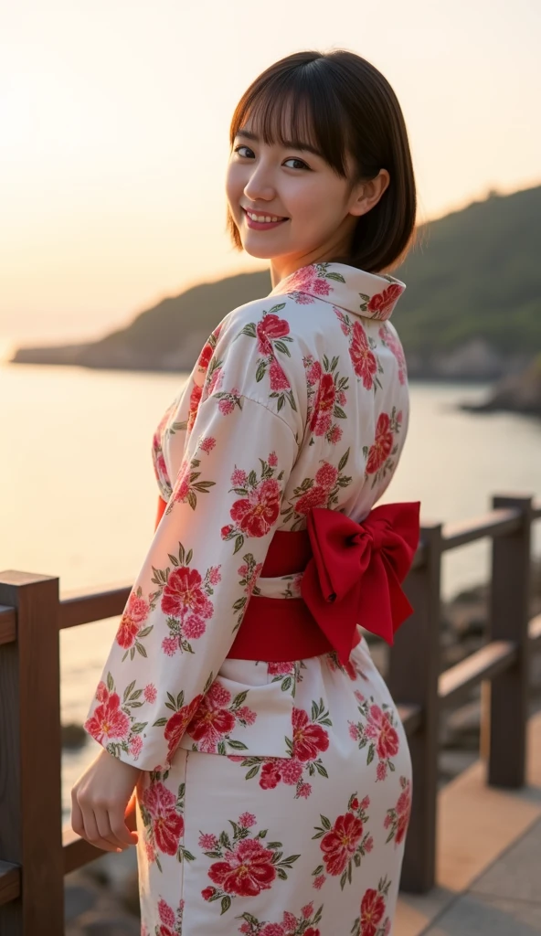 19 years old 、bangss、((( yukata )))、Medium milk, cute  face、(Butt sticking out pose)、(turned around)、sexy hips、Seaside Hill 、Asahi、Photos showing the whole body((Short Hair))(((きれいなお尻)))