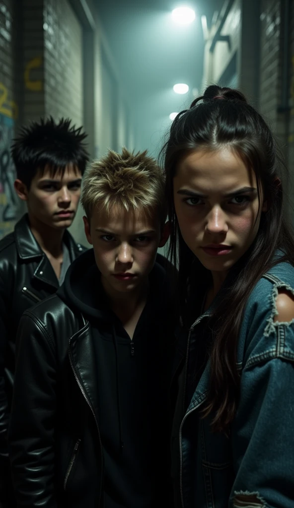 Realistic image, a dark and ominous scene with three  boys with menacing expressions exuding a feeling of danger and rebellion. One has short spiky black hair and wears a leather jacket, another has messy blonde hair with a hoodie partially covering his face, and the third has long black hair tied back and wears a ripped denim jacket. Their faces are obscured in shadow with piercing, glaring eyes and slightly sinister smiles. The background is a dimly lit alleyway with walls covered in graffiti and the faint, eerie light of a street lamp in the background. The atmosphere is tense and unsettling, with a subtle mist and dark tones that enhance the sense of danger.