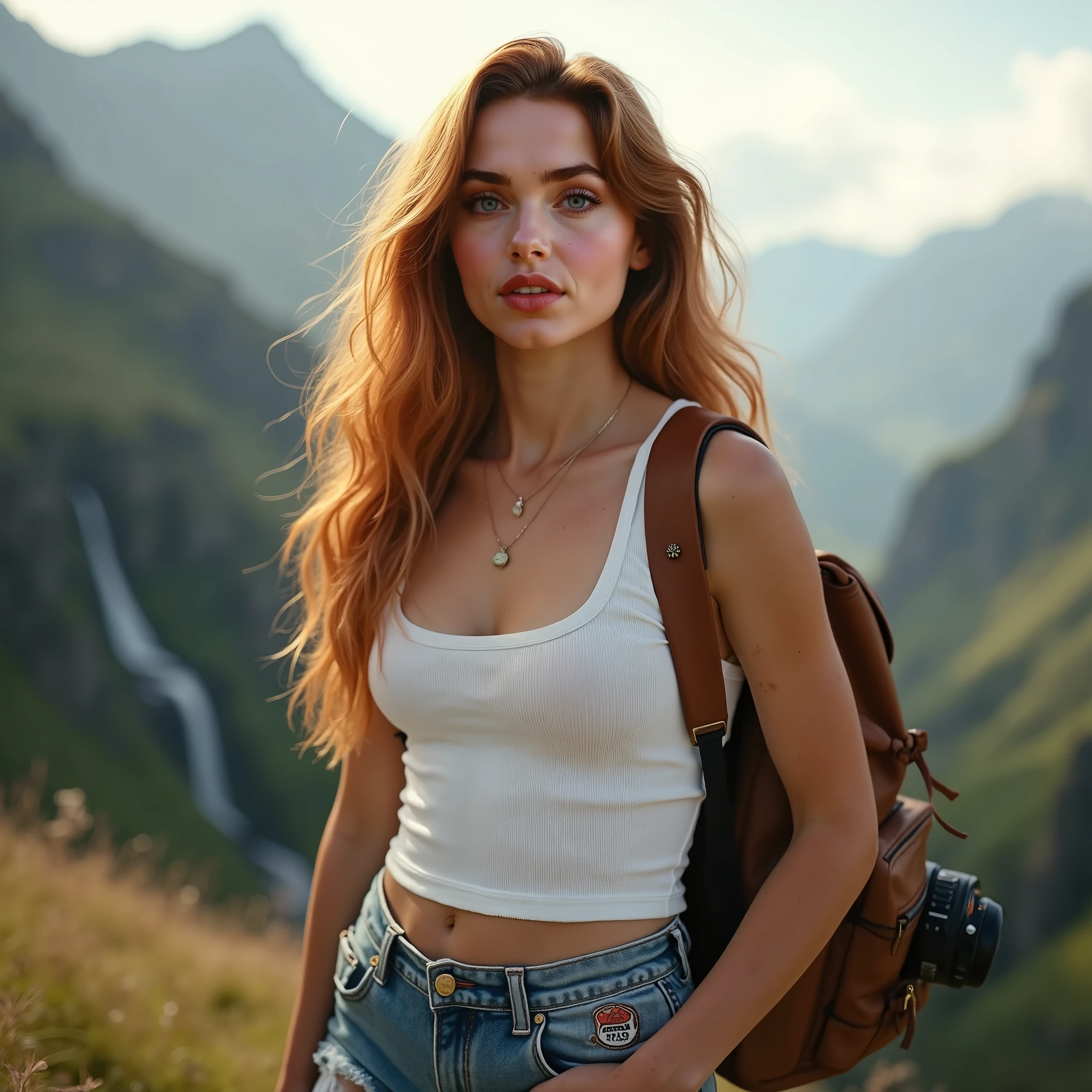 (Best Quality, hyper realistic photography), Magnificent Norwegian mountain peak, sea of clouds, Woman watching sunset, white t-shirts, Trekking Shorts, trekking boots, rucksack, (ultra-delicate face, Super Beautiful Maid, Super delicate eyes, Ultra-detailed nose, Ultra detailed mouth, Ultra-detailed facial features), Beautie, 18year old, nordic look, curly red hair,