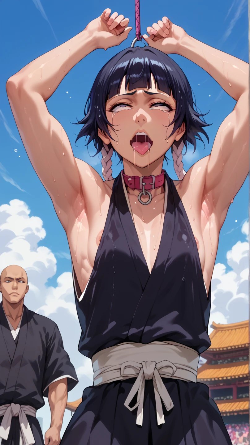 a picture, inspired by Kentaro Miura, trending on pixiv, soifon from bleach, black uniform, favorite scene, fine details, skins, sweating, small breasts, both hands raised, armpits, (small head),armpits visible, dripping with sweat, more more sweat, ((Japanese clothes)),open mouth,rolling eyes,muscle,kneel down,open legs,For the audience, (muscle:1.2),Looking at the audience, tired, (small breasts),sexy body,perfect body,(drooling), tears, head wet, runny nose, black hair, dog collar,transparent nose hook.