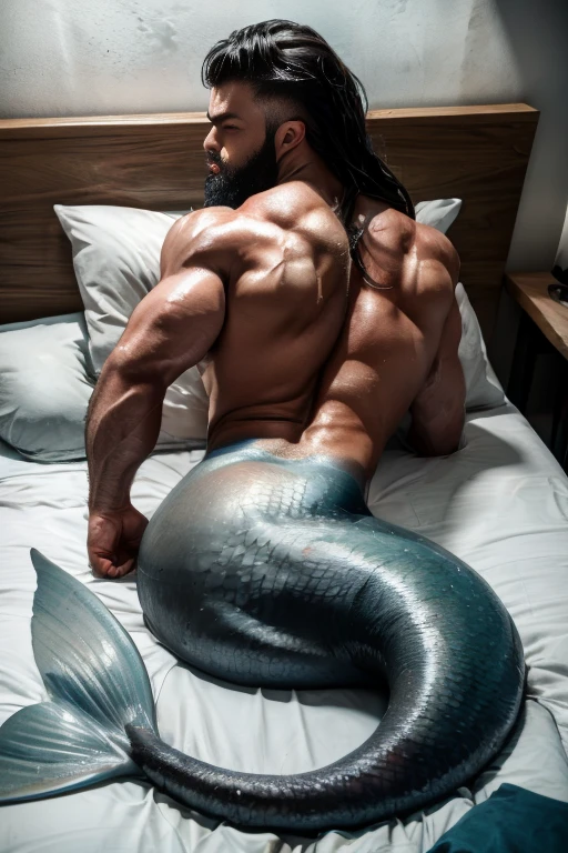 Muscular wet man with grey muscular mermaid shark tail instead of legs. Lying tired and sleeping on bed. Ass. Wet body. It is oiled ,  cracked and greasy. It is very much oiled and wet. black long hair, black long beard. It's raining , raining. 