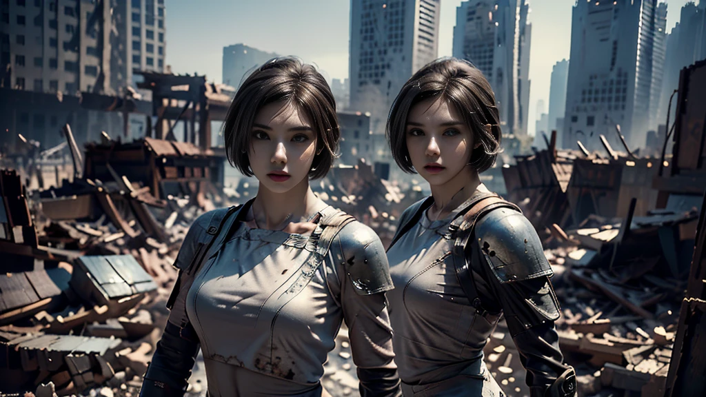 masterpiece,  high resolution ,8K,( Portrait Photos:1.5),(R Original Photo),Reality,Digital Photography,(Ruins of the Apocalypse  ),City ruins，20 year old pretty female ，Short hair，Shut up，  post-apocalyptic scene ， Upper body photography ，Damaged Armor， Sexy Body