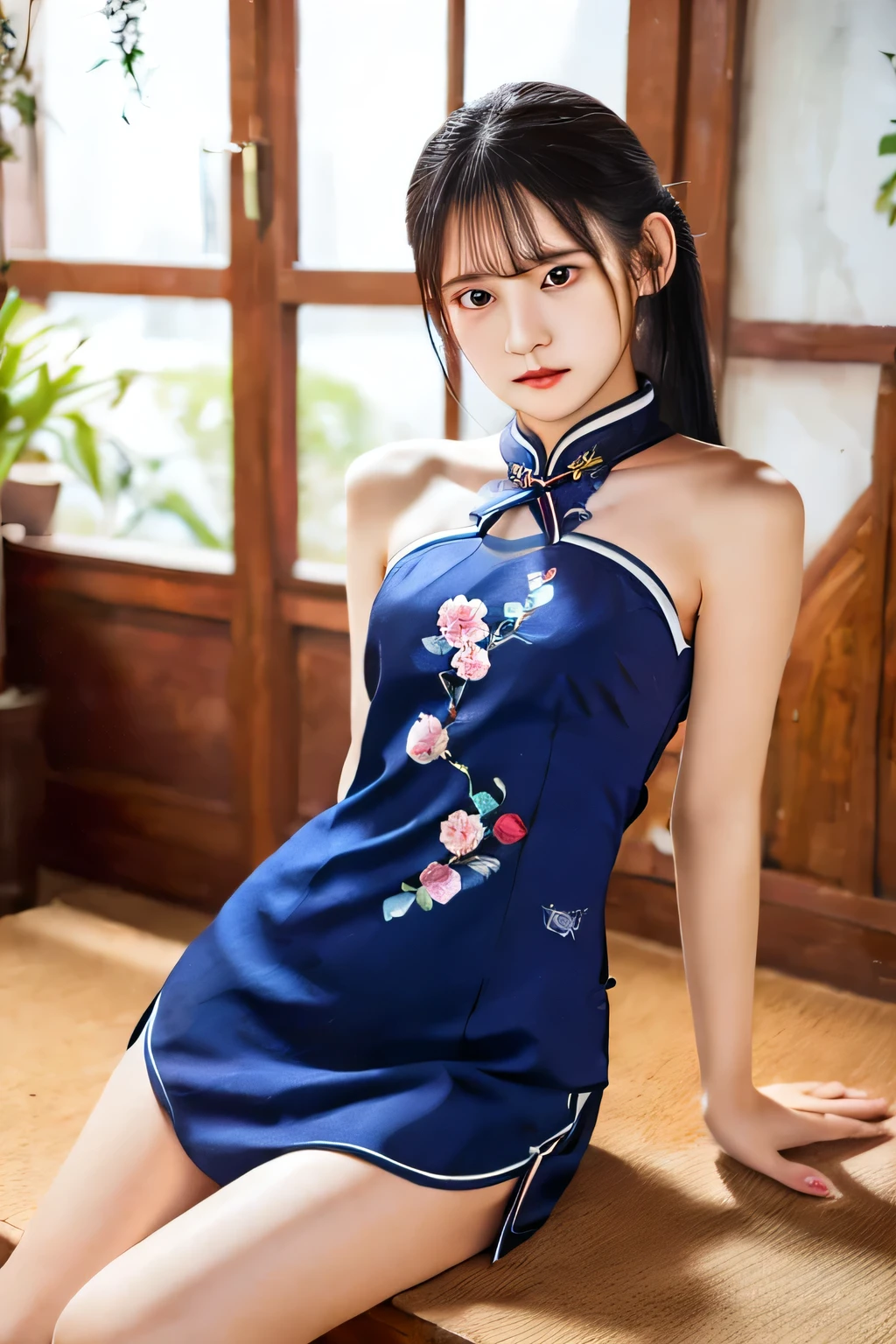 ,beautiful blue cheongsam, bare shoulders, (8k, RAW photo, best quality, high details, masterpiece :1.2), ), , full body, a beautiful  woman,  18 years old,  slender, petites, beautiruf face. beautiful eyes,  twin tails hair, sit、 Highlight Thighs、 sexy