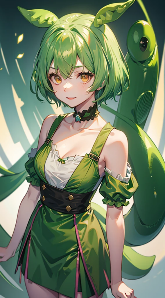 high quality, masterpiece, super detailed, 1 girl,  extremely detailed faces, green clothes，handcuffs，collar，Calm expression,bright red lips,Smile，handcuffs，collar，long black hair, charming pink eyes, fox ears, Ridiculously big, shiny skin, Kneeling on the ground，slate，plant，Grass