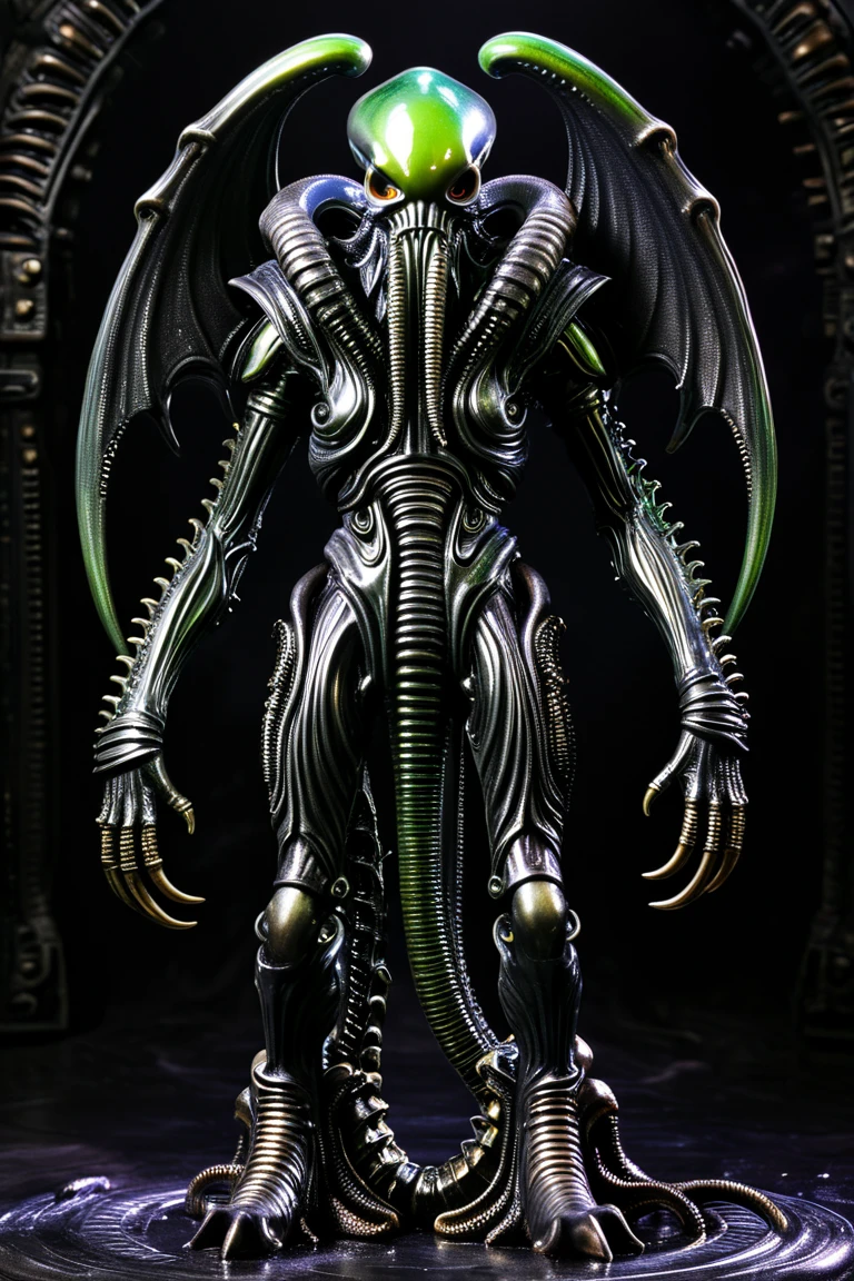 Demon、 full body image 、an action figure、H.r.Giger 、 Cthulhu monster、 steampunk、 evil villain 、 horrible 、Disgusting appearance 、skull face、 unknown life form 、 full body image 、 dark back ground 、digital image 。