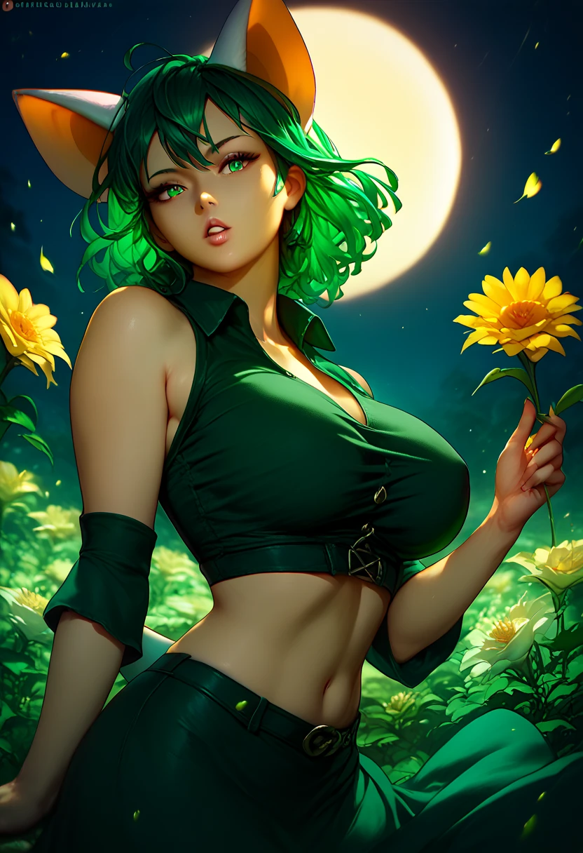 realistic, 1girl, Fubuki, green hair, green eyes, big round breasts, pure white skin, shining eyes, dark green crop top, dark green skirt, parted lips, rouge, night, flowers, sun, sunshine