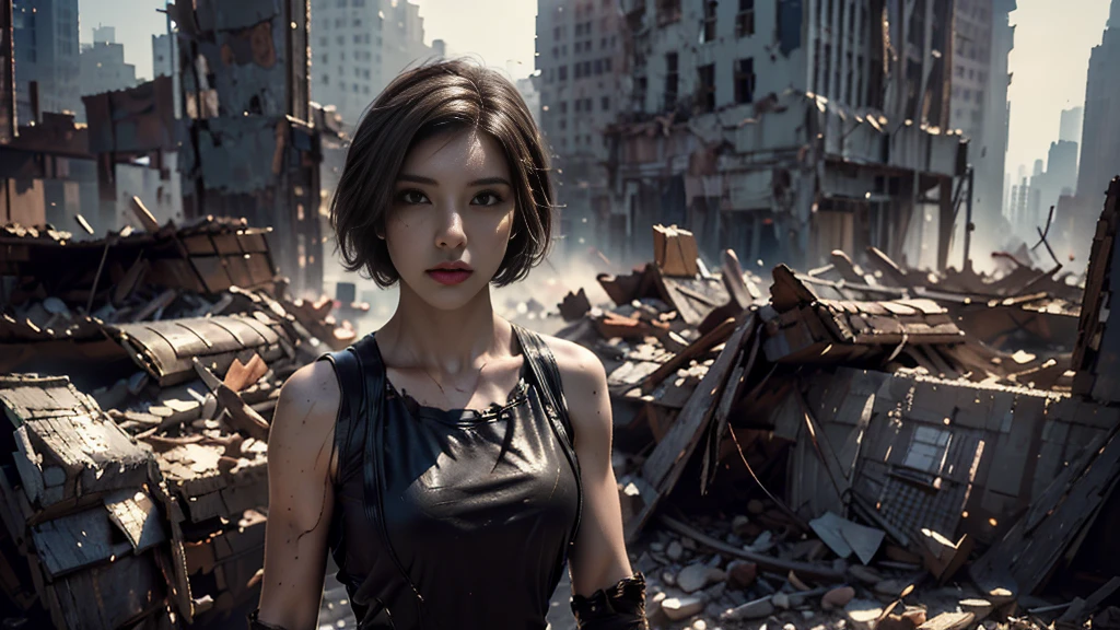 masterpiece,  high resolution ,8K,( Portrait Photos:1.5),(R Original Photo),Reality,Digital Photography,(Ruins of the Apocalypse  ),City ruins，20 year old pretty female ，Short hair，Shut up，  post-apocalyptic scene ， Upper body photography ，Damaged Armor， Sexy Body