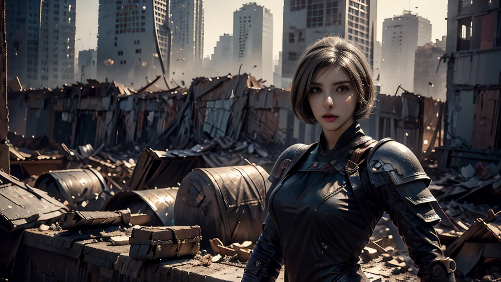 masterpiece,  high resolution ,8K,( Portrait Photos:1.5),(R Original Photo),Reality,Digital Photography,(Ruins of the Apocalypse  ),City ruins，20 year old pretty female ，Short hair，Shut up，  post-apocalyptic scene ， Upper body photography ，Damaged Armor， Sexy Body