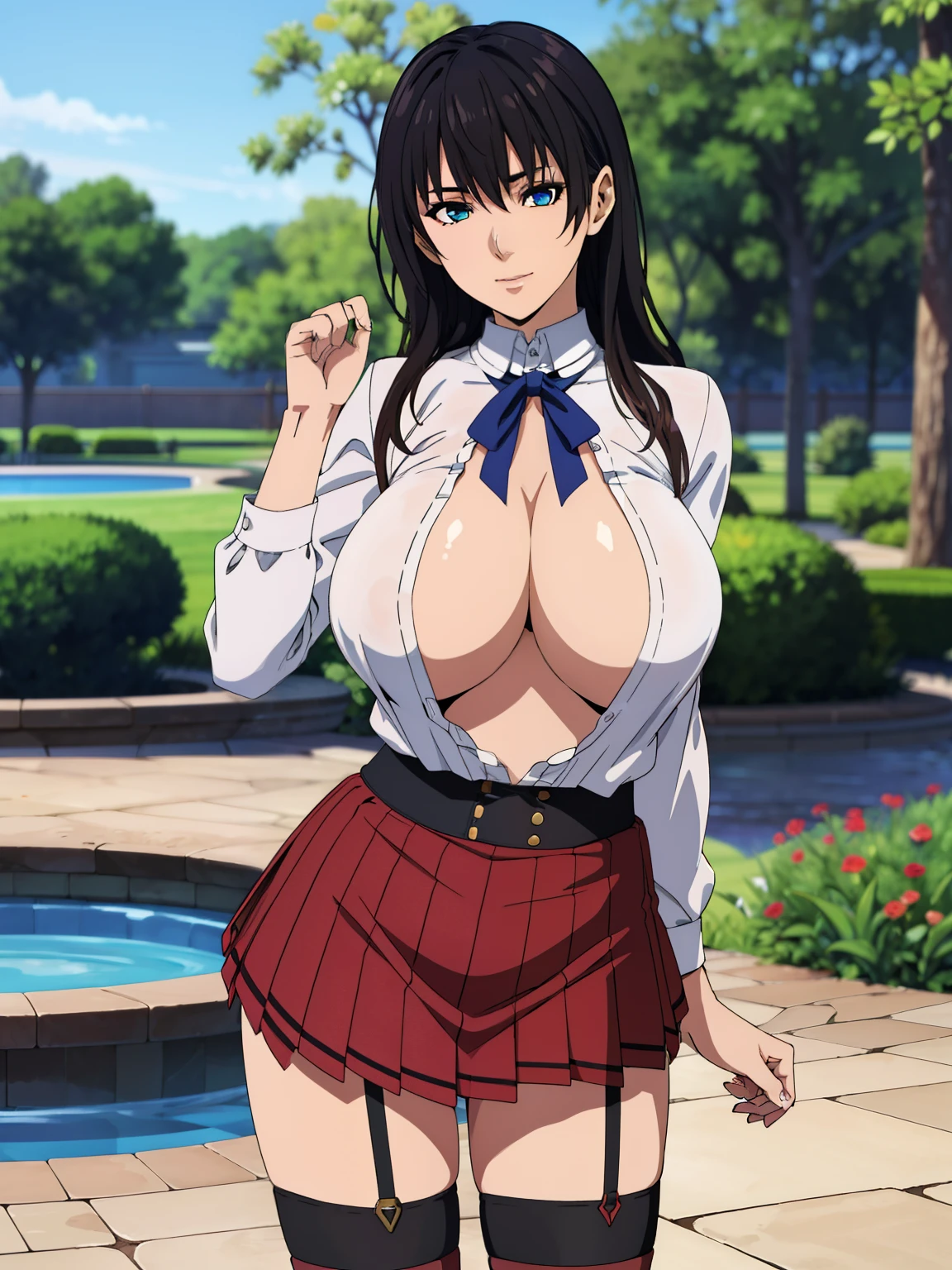 very tempting pose, open shirt, skirt, casual, transparent fabric, thigh garter, garden background, nanami, anime cels style, best quality, high resolution, 1girl, (huge breasts:1.2), beautiful face, black hair, long hair, blue eye, cowboy shot