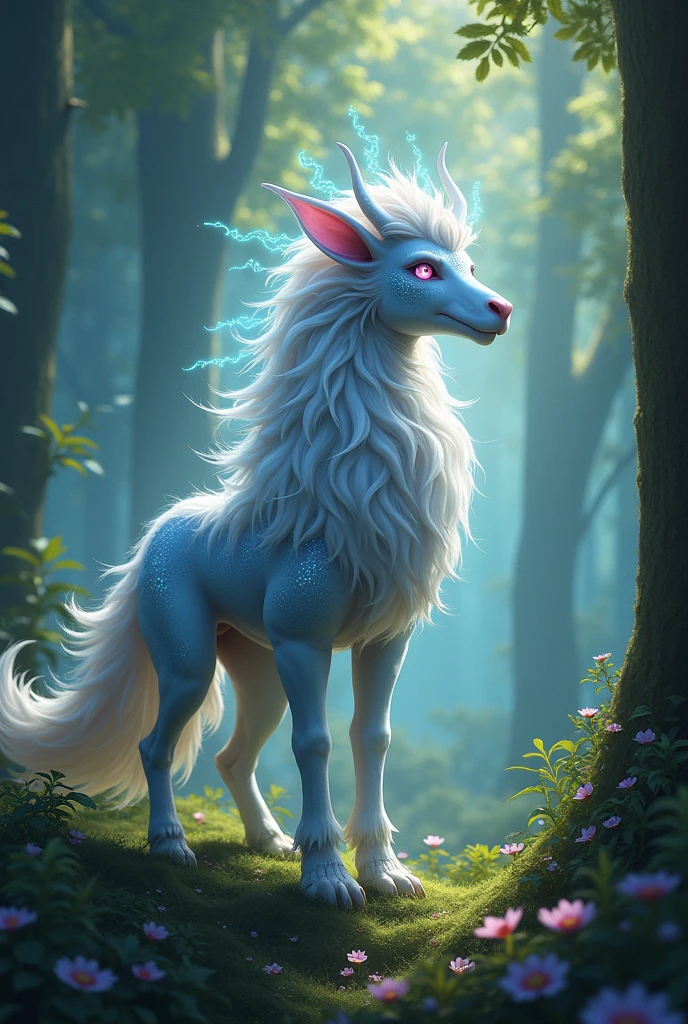 an exquisite mythical creature of the forest,Its skin is as clean as silk,It has a delicate pattern of spots and stripes,seems to sparkle in the night, 8K, Colored lights, vivid, Ultra Detailed, Surreal photography