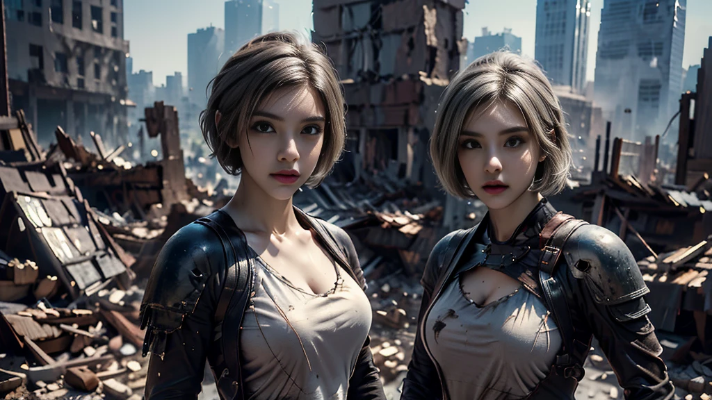 masterpiece,  high resolution ,8K,( Portrait Photos:1.5),(R Original Photo),Reality,Digital Photography,(Ruins of the Apocalypse  ),City ruins，20 year old pretty female ，Short hair，Shut up，  post-apocalyptic scene ， Upper body photography ，Damaged Armor， Sexy Body