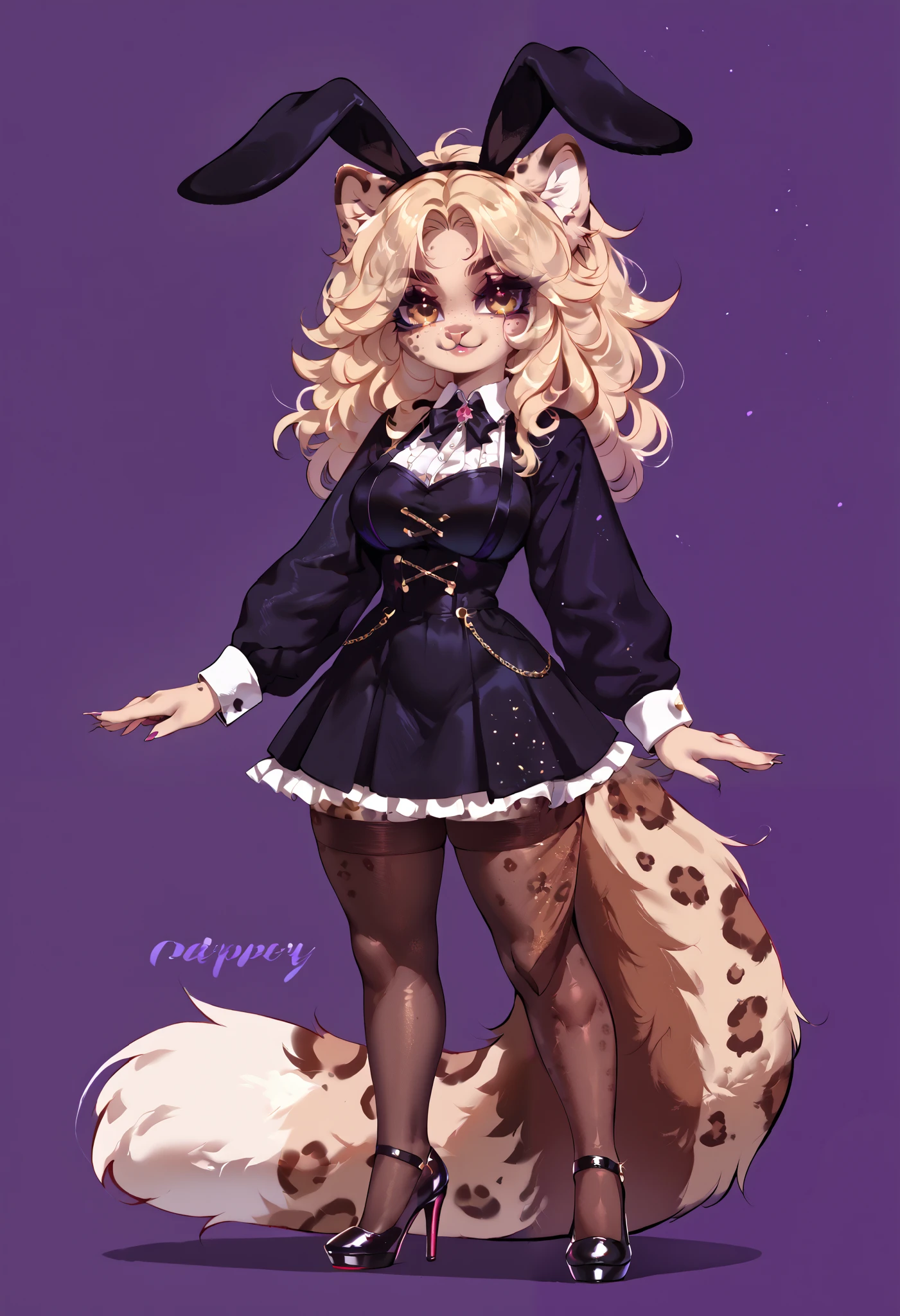 (zPDXL2), (PonyXLV6_Scores), source_anime, source_anthro, source_furry, Expressiveh, solo, three-quarter portrait, rating_explicit, front view, looking at viewer, standing, asymmetric image BREAK
(solo) female anthro bunny, long fluffy hair, bunny, (big breasts), attractive, ((long sleeve blouse)) with ((high waist skirt)), suspenders, black stockings,   fit body, snow leopard tail,, thicc, freckles, freckles on face, smug eyes, (happy expression), she is standing look to the viewer , violet background, simple background, thick thighs  (front view) hig heels, LHATA4564