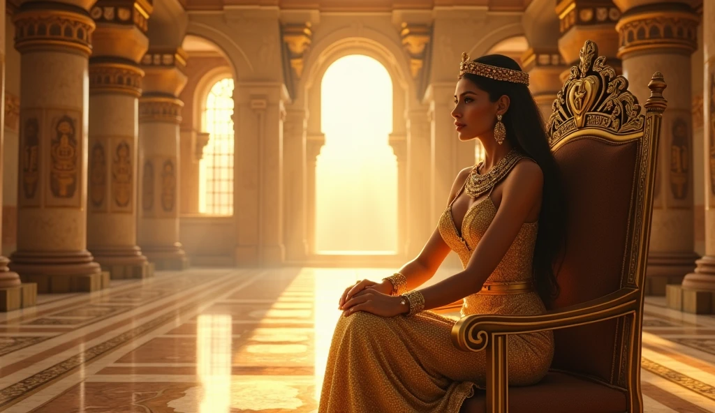 Create a stunning portrait of Queen Cleopatra, emphasizing its royalty and elegance. The scene is supposed to capture Cleopatra sitting on her golden throne, including a golden crown encrusted with precious stones. Behind her, include a view of the Nile River with a stunning sunset, highlighting the grandeur of his empire. Utilize a rich color palette and meticulous details to reflect your majesty and power