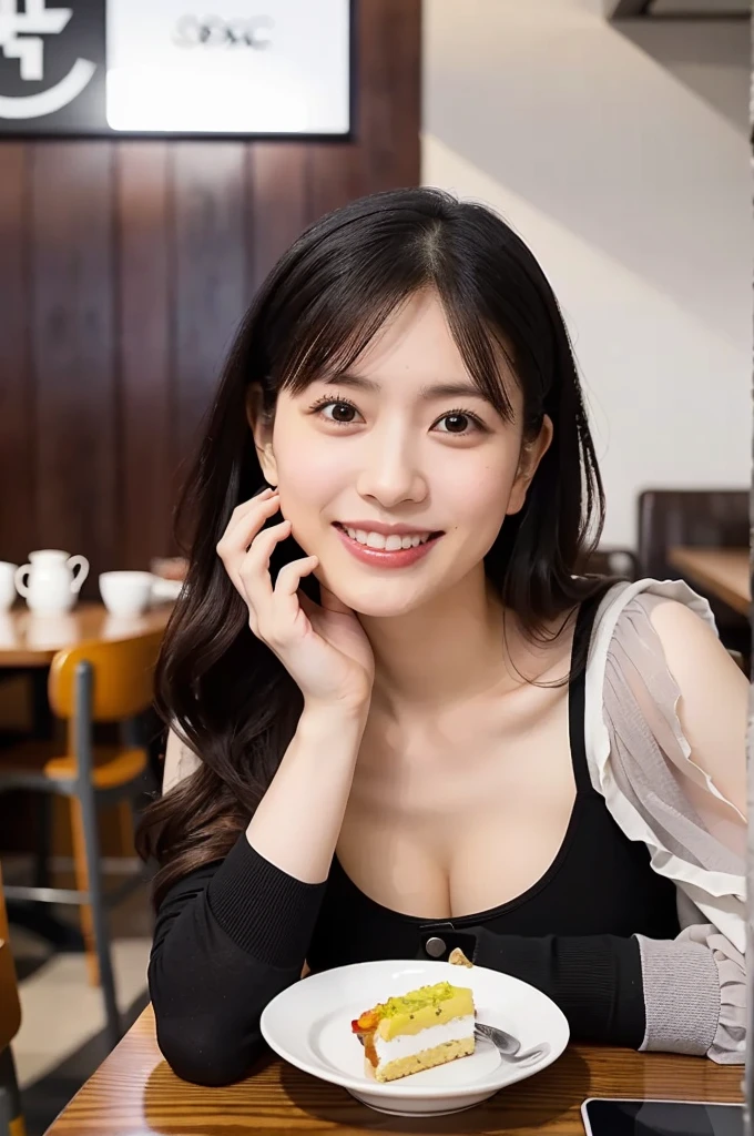 (masterpiece, best quality, perfect anatomy, highres, 8k, realistic, photorealistic, natural skin texture, no makeup:1.2), (afternoon:1.5), 1girl, solo, Japanese, age20, female charming university student, very cute, (large breasts:1.4), sitting at a cozy café table, (a small dessert in front of her:1.2), She leans forward slightly, playfully holds her fork toward the dessert and smiles devilishly, (She is seducing her boyfriend for sex), Her stylish outfit includes a mini skirt and a beret, complemented by soft waves in her medium-length hair, The café is softly lit, creating a welcoming atmosphere, and the composition captures her elegance and youthful energy, Autumn-inspired décor surrounds her, vertical frame, jp idol, inugao