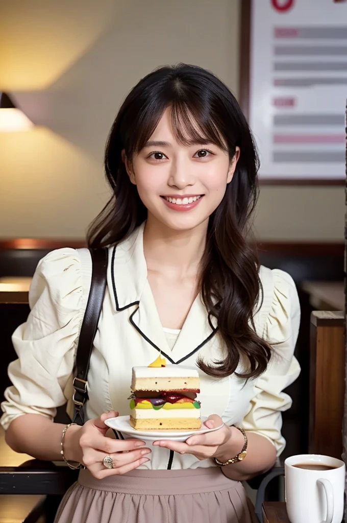 (masterpiece, best quality, perfect anatomy, highres, 8k, realistic, photorealistic, natural skin texture, no makeup:1.2), (afternoon:1.5), 1girl, solo, Japanese, age20, female charming university student, very cute, (large breasts:1.4), sitting at a cozy café table, (a small dessert in front of her:1.2), She leans forward slightly, playfully holds her fork toward the dessert and smiles devilishly, (She is seducing her boyfriend for sex), Her stylish outfit includes a mini skirt and a beret, complemented by soft waves in her medium-length hair, The café is softly lit, creating a welcoming atmosphere, and the composition captures her elegance and youthful energy, Autumn-inspired décor surrounds her, vertical frame, jp idol, inugao