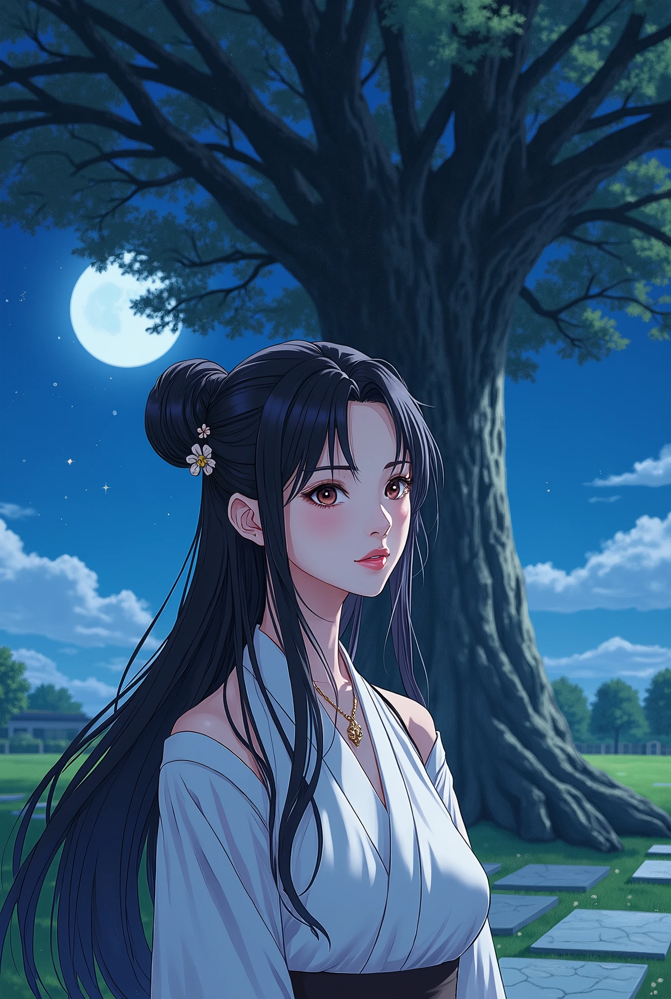 anime,  manga ,  Japanese woman, beautiful,  beauty, goddess, Black hair updo, Mid-chest,  and my eyes are narrow ,  pink lips, necklace,  hair ornament,  gentle expression ,  most beautiful , night,  starry sky , Majestic, 星が瞬くnight, Moonlight, Large tree, Grass Square,  8K,  high definition, animeアート, 