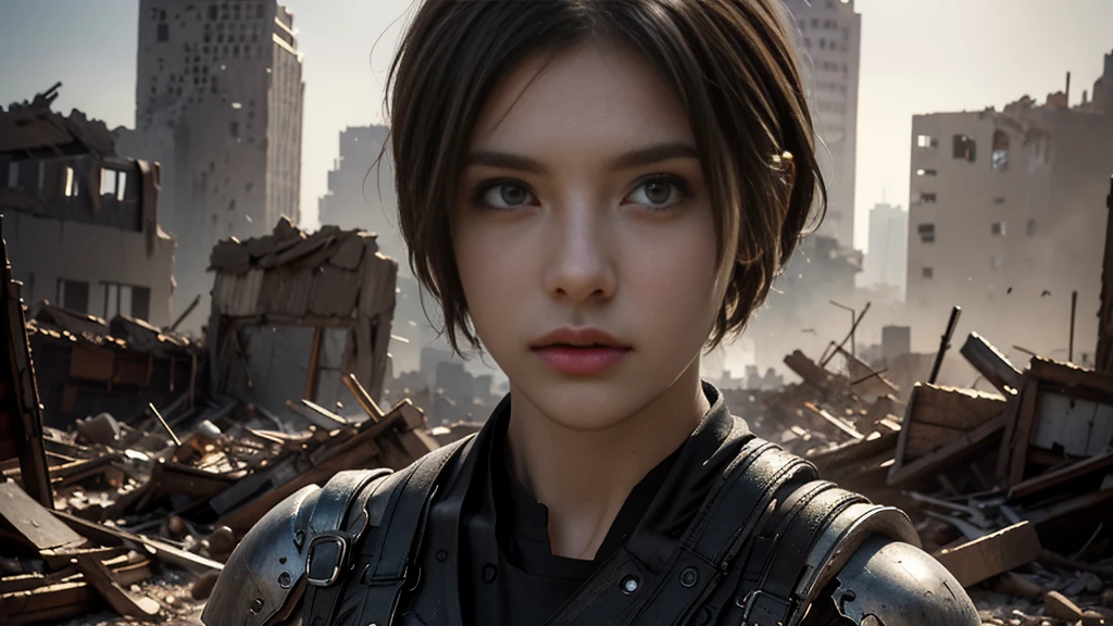 masterpiece,  high resolution ,8K,( Portrait Photos:1.5),(R Original Photo),Reality,Digital Photography,(Ruins of the Apocalypse  ),City ruins，20 year old pretty female ，Short hair，Shut up，  post-apocalyptic scene ， Upper body photography ，Damaged Armor， Sexy Body