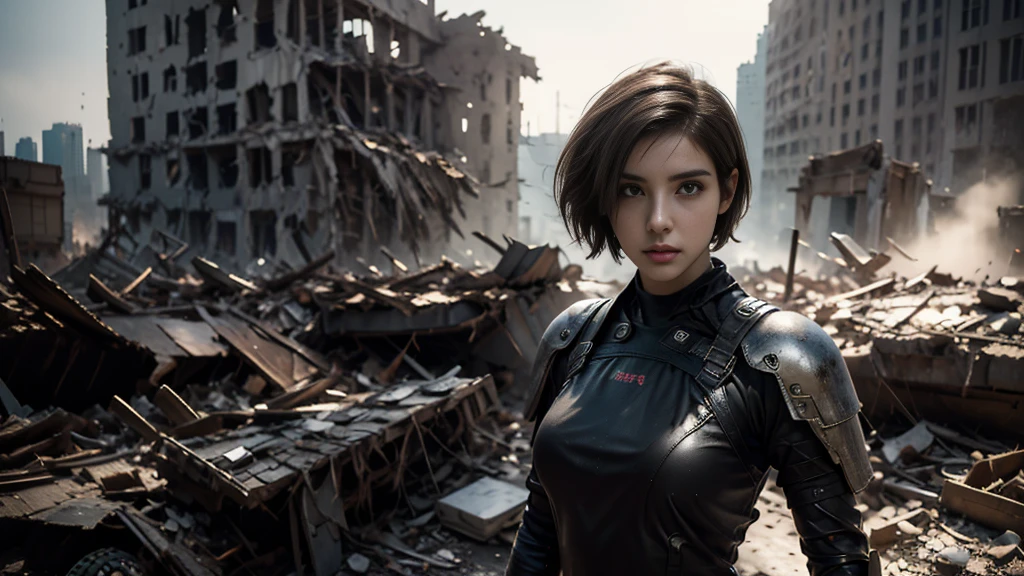 masterpiece,  high resolution ,8K,( Portrait Photos:1.5),(R Original Photo),Reality,Digital Photography,(Ruins of the Apocalypse  ),City ruins，20 year old pretty female ，Short hair，Shut up，  post-apocalyptic scene ， Upper body photography ，Damaged Armor， Sexy Body