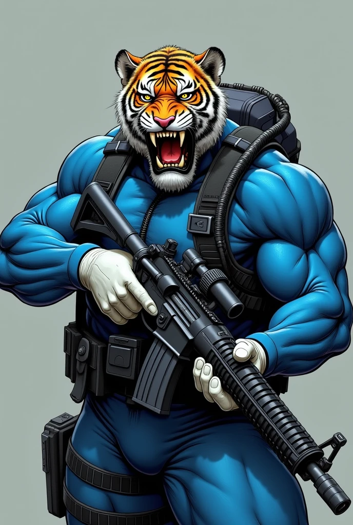 (A rugged beefy extremely muscular bulky old man), (wearing blue fullbody zipper wetsuit), (wearing realistic roaring tiger mask), shooting with rifle,  wearing bulky scuba gear, muscular physique, toned muscles, fierce, heroic, action, comic artstyle, bulky best quality, wearing white rubber gloves. wearing gun holster on left thighs, dynamic action pose, fierce expression, showcasing an imposing stature, powerful, best quality image, action-packed atmosphere, masterpiece.