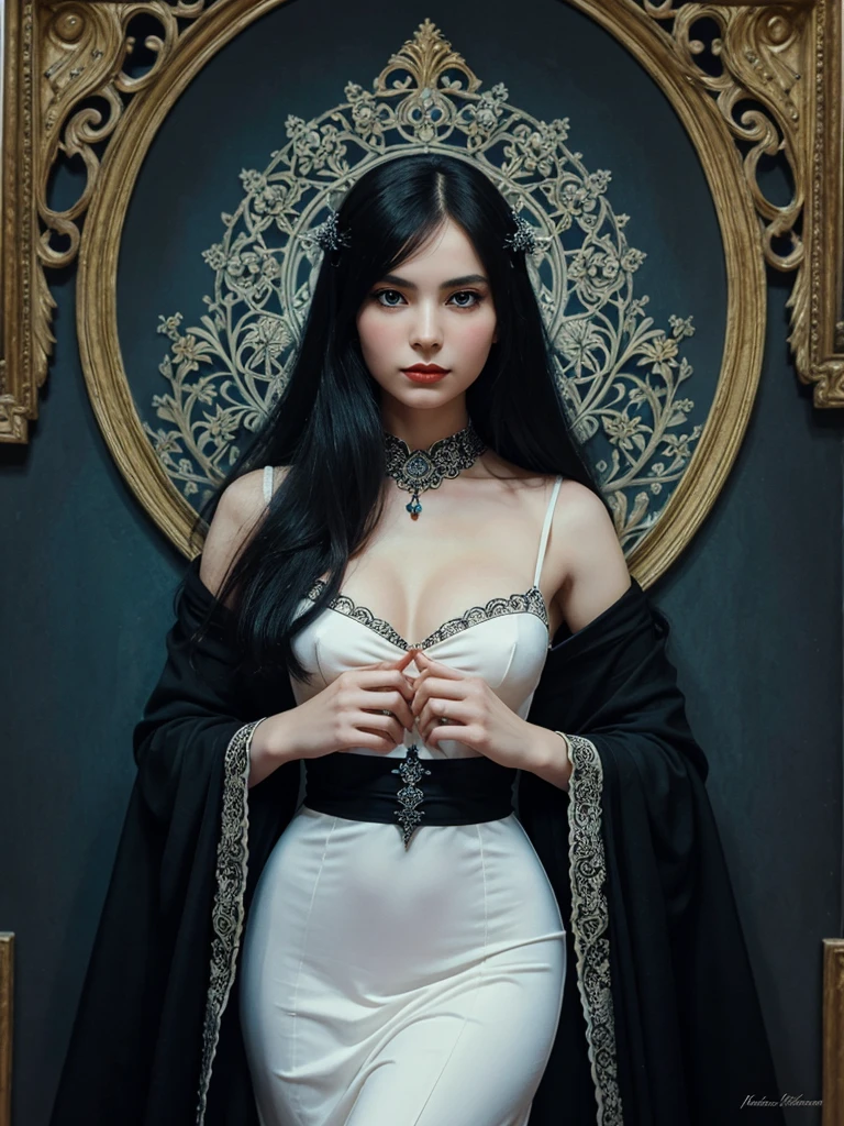 ,full coloured ,Upper body, beautiful mesmerizing face and nose, beautiful eyes and black long hair,,full body portrait ,blue eyes,Clothes detailed patterns,posture,spread legitimacy,Detailed gothic background,dark fantasy background,Inspired by Robert McGinnis, Inspired by Gretel Stern, Takato Yamamoto’s style, Guido Crepax, Guido Crepax-style, with hands, white religious run,full body portrait,Vanya Zoravlev, inspired by Leonor Fini, Long tail cold, Inspired by Takato Yamamoto.white religious run,full body portrait,Inspired by Klimt and Mucha. beautiful eyes, Beautiful and delicate lips, Extremely detailed eyes and face, Long eyelash quality:1.2), Super detailed, (actual:1.37), painting, color contrast, high resolution, black and white dress, red lipstick, white religious run,full body portrait,Inspired by Robert McGinnis, Inspired by Gretel Stern, Yamamoto Takashi style, Guido Crepax style, with hands-inspired, Vanya Zoravlev-inspired, Leonor Fini'inspired, Long tail cold-inspired, Inspired by Takato Yamamoto, Vibrant colors, dramatic lighting, eye-catching composition, fun atmosphere, extreme Feminine elegance, forged,painting,Impressionism