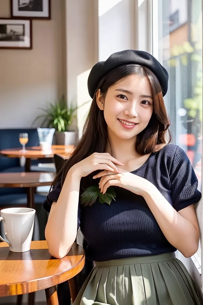 (masterpiece, best quality, perfect anatomy, highres, 8k, realistic, photorealistic, natural skin texture, no makeup:1.2), (morning:1.5), 1girl, solo, Japanese, age20, female university student, very cute, (large breasts:1.4), sitting by a café window on an autumn afternoon, (holding a latte in one hand:1.2), resting her other hand lightly on the windowsill, Her devilish smile hints at the temptation for sex that follows, The sunlight streams through the window, highlighting her delicate features, She wears a stylish mini skirt and a beret, with her long hair gently cascading over her shoulders, Cozy and inviting café interior, soft autumn colors in the background, vertical composition, jp idol, inugao