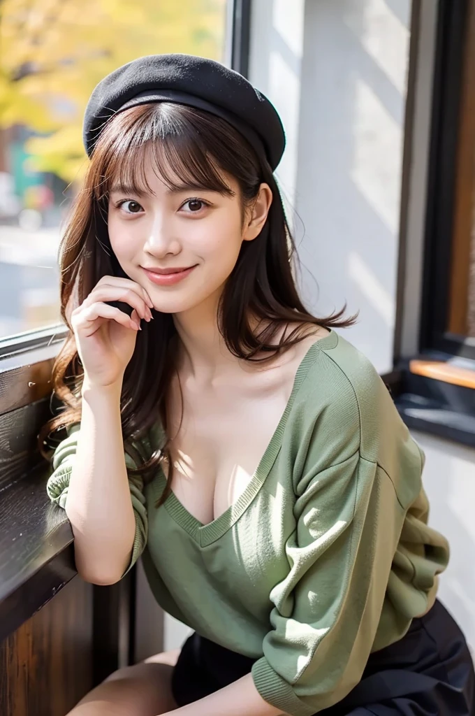 (masterpiece, best quality, perfect anatomy, highres, 8k, realistic, photorealistic, natural skin texture, no makeup:1.2), (morning:1.5), 1girl, solo, Japanese, age20, female university student, very cute, (large breasts:1.4), sitting by a café window on an autumn afternoon, (holding a latte in one hand:1.2), resting her other hand lightly on the windowsill, Her devilish smile hints at the temptation for sex that follows, The sunlight streams through the window, highlighting her delicate features, She wears a stylish mini skirt and a beret, with her long hair gently cascading over her shoulders, Cozy and inviting café interior, soft autumn colors in the background, vertical composition, jp idol, inugao