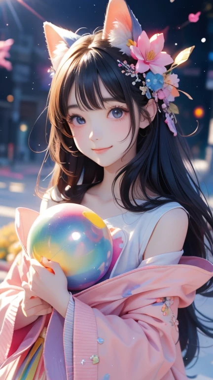  (anime:1.2) A cute and surreal  girl with her mouth closed gazing happily into the camera, a cute woman playing with a dog, in the background a vast field with vibrant flowers blooming, a blue sky with light particles and iridescent snowflakes floating in the air.has lots of colorful rainbow balls、Lots of toys in the toy box 、Lots of aliens 、Anime smile woman wearing rainbow-colored clothes、 partying in space 、smile、 Colorful Illustrations 、Fantastic、Watercolor style、