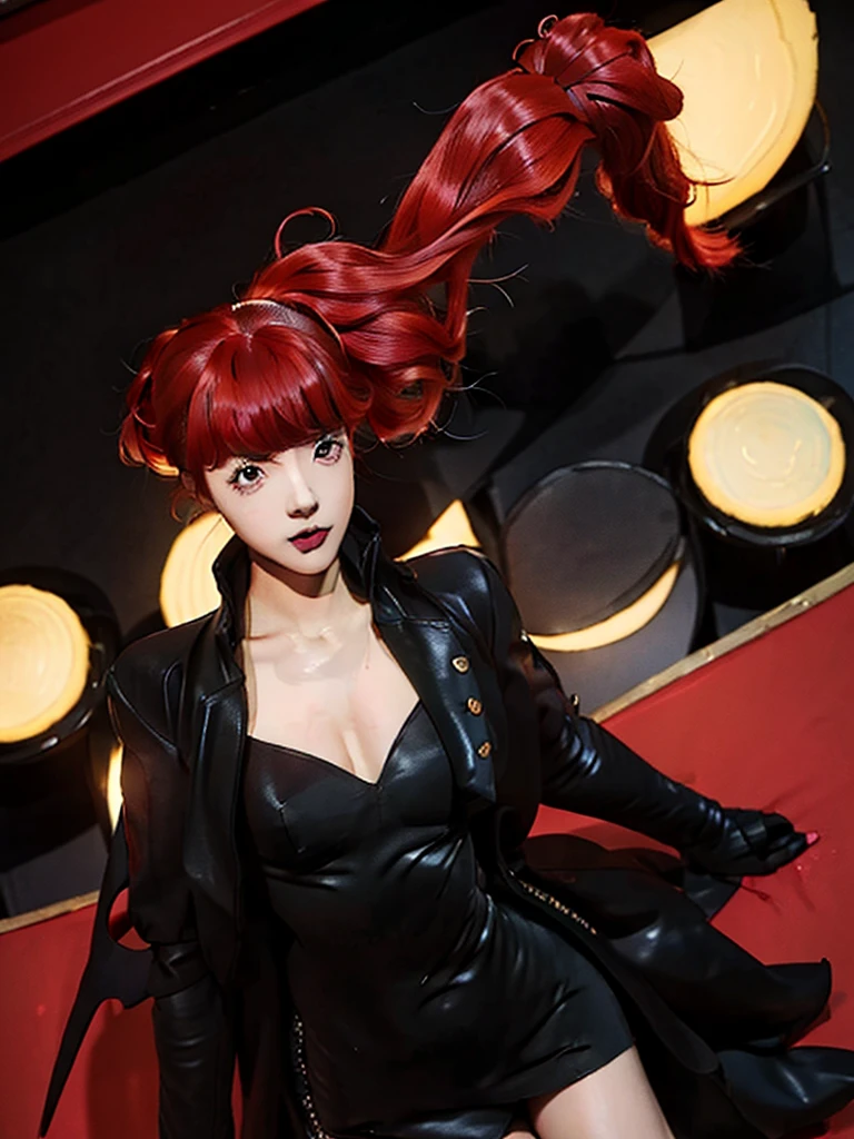 Yoshizawa Kasumi、 red hair、Perm Hair、 ponytail、Indoor venue 、Rin々A beautiful woman、 Super Detailed Color、Handsome women、Beautiful woman with no makeup、Phantom Thief Suit、Persona 5、