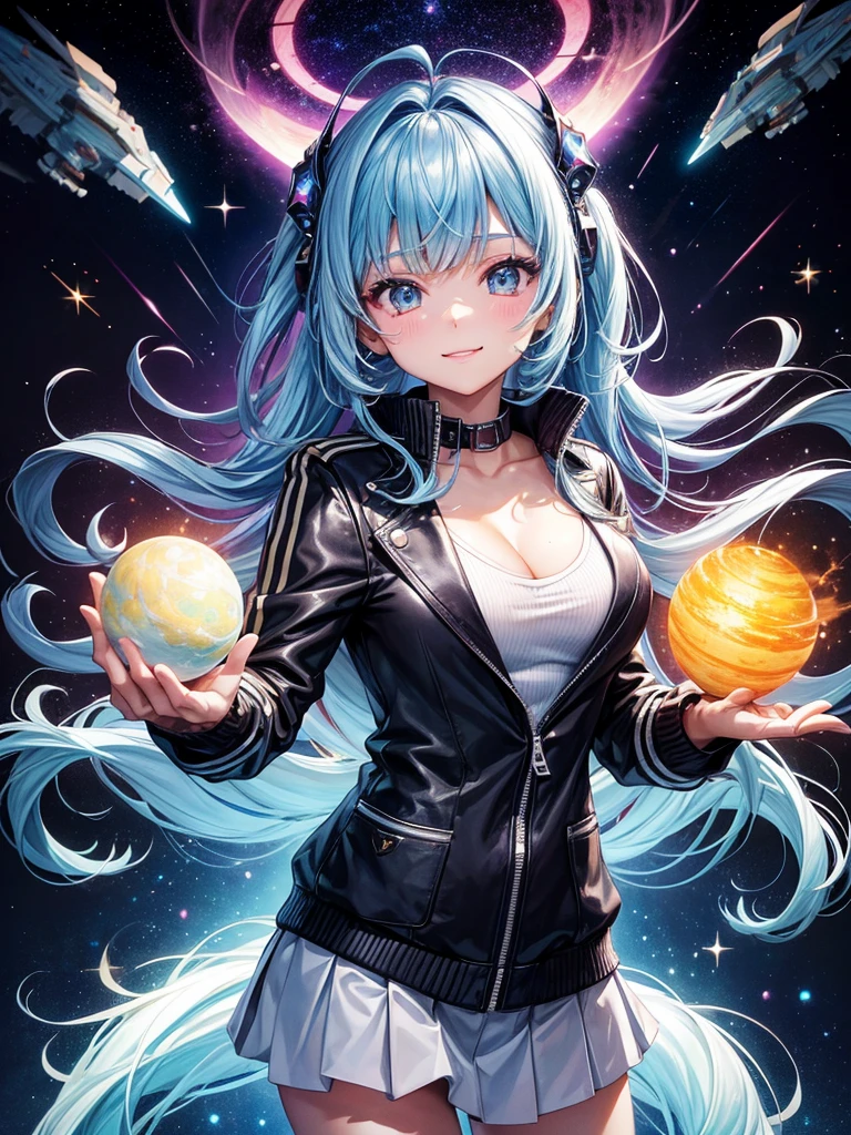 Super beautiful shining big eyes、Best Quality, hight resolution, 1girl in, Hanni, floating in the universe, Energy sphere, light Particle, frilld, Small breasts, Pleated skirt, (jacket partially removed), Shiny hair, Shining stars, Fantasy,