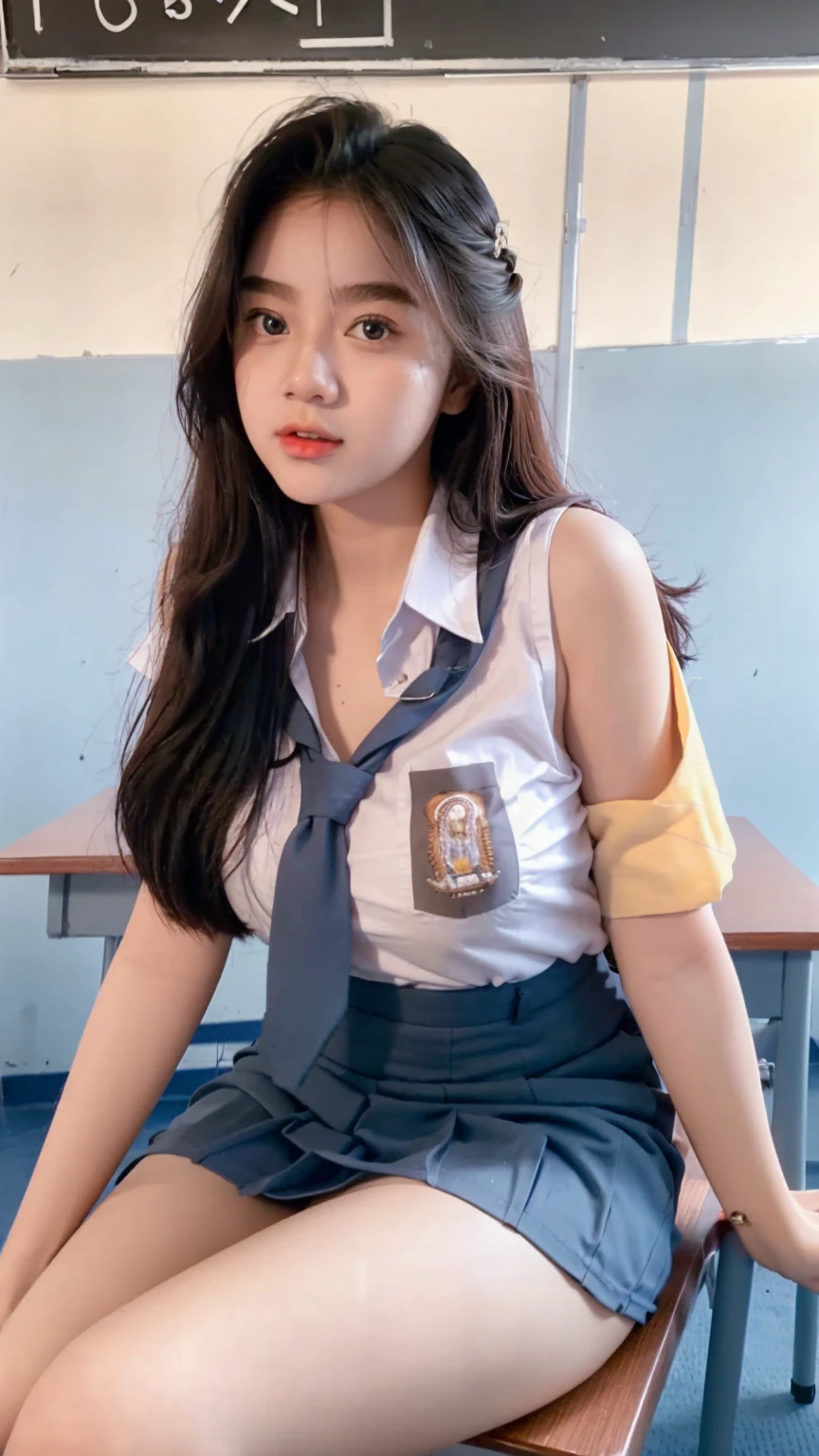 Beautiful 18 Years Old, Gigantic Large Breast , Cleavage , ((Wearing High School Uniform)) , High School Skirt , Kayes , Indonesian Influencer , Sit On Table In Classroom , Take Selfie , ((Face Focus)) , ((Centre:1.1)), ((Symetric Picture:1.1))