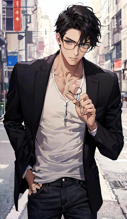 21 years old guy, handsome, mature, black hair, blue eyes, cool, very tall, casual, use glasses, rich, perfect face, detailed face, aesthetic, athletic body,