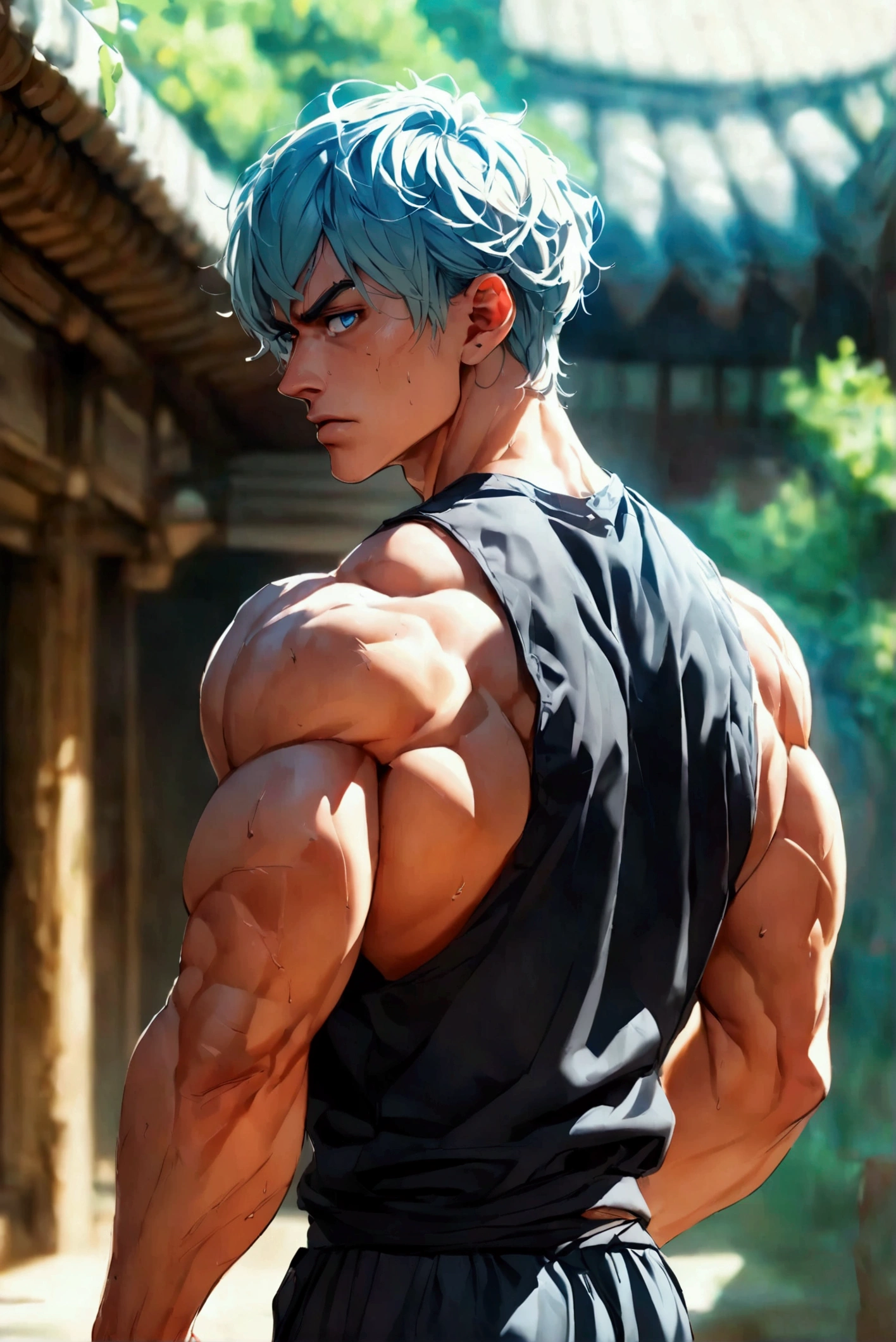 Standing looking if back shirt tan skin is 14 year old male copper skin to a nearby city is on the roof of the school has 14 years blue hair blue eyes male gender