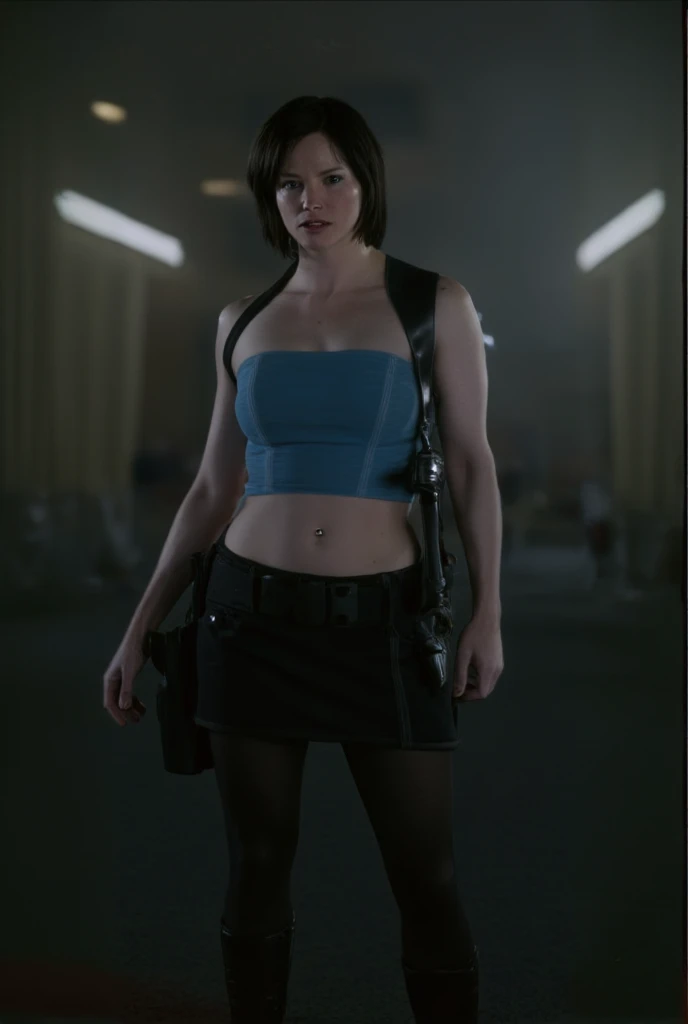 Sienna Guillory with black hair as Jill Vlentine from movie Resident Evil Apocalypse wearing blue top, skirt. "side view". She is facing sideways with her hands on her waist. The background of the image is dark, with fog. 